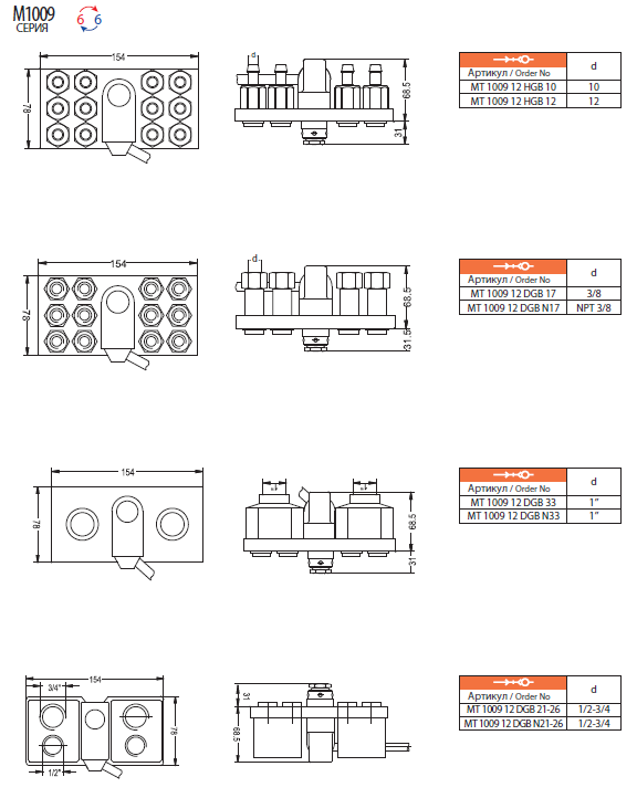 Мультисоединения для пресс-форм, воды. Серия M1006, M1009, M1012, M1016